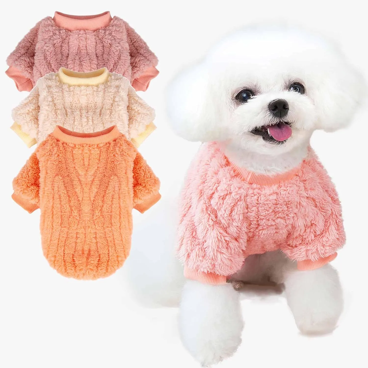 FabriCastle Dog Sweater, 3-Pack Dog Clothes, Ultra Soft and Warm Pet Jackets XXS XS for Small Dogs Girl & Cats, Winter Pet Apparel Costumes, Puppy Outfits for Christmas (Ivory,Pink,Coral, X-Small)