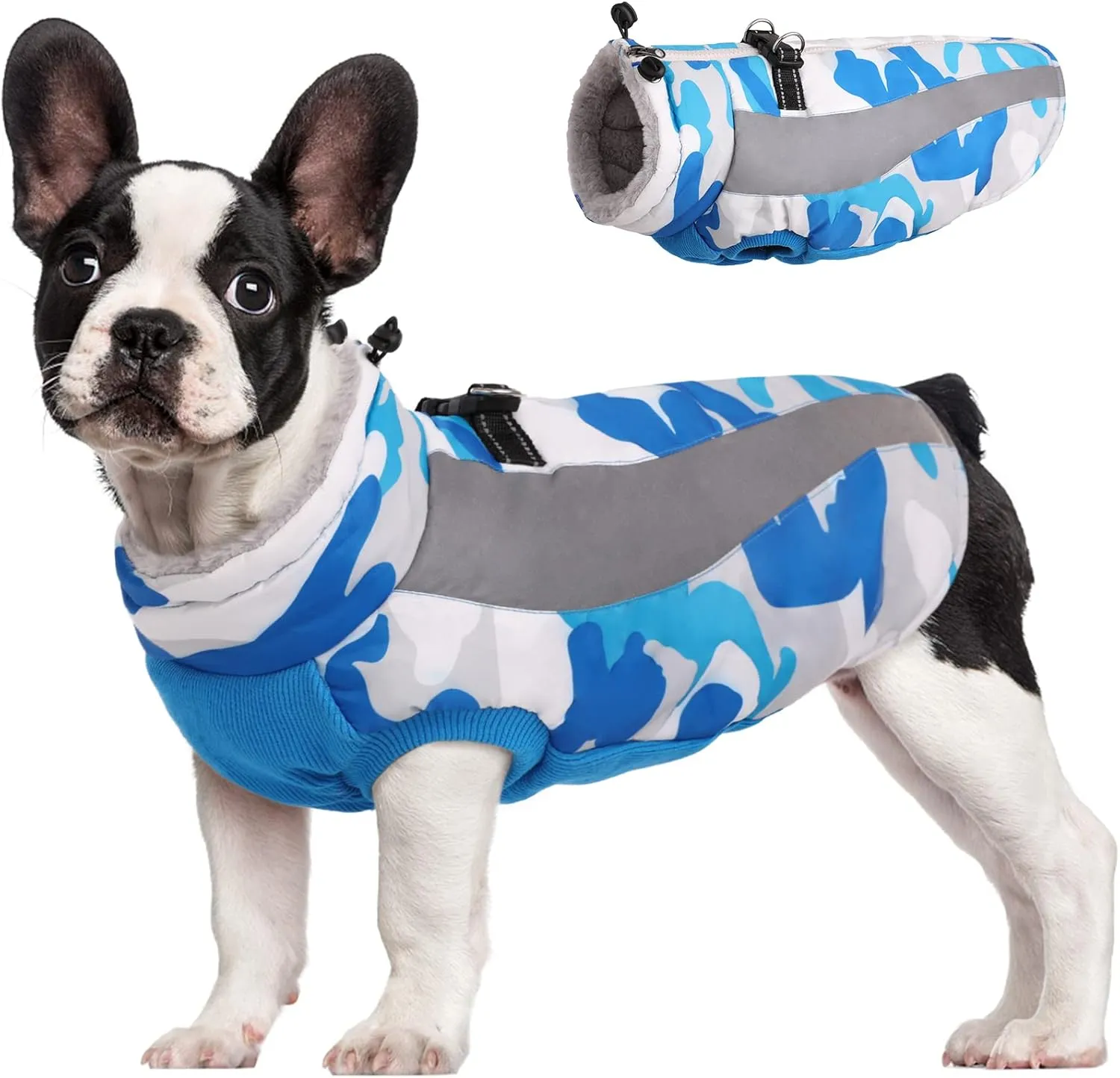 FUAMEY Warm Dog Jacket,Dog Winter Coat with Harness Dog Cold Weather Coats Warm Pet Vest Dog Winter Clothes Waterproof Windproof Dog Snow Jacket with Back Zipper for Small Medium Large Dogs Blue M