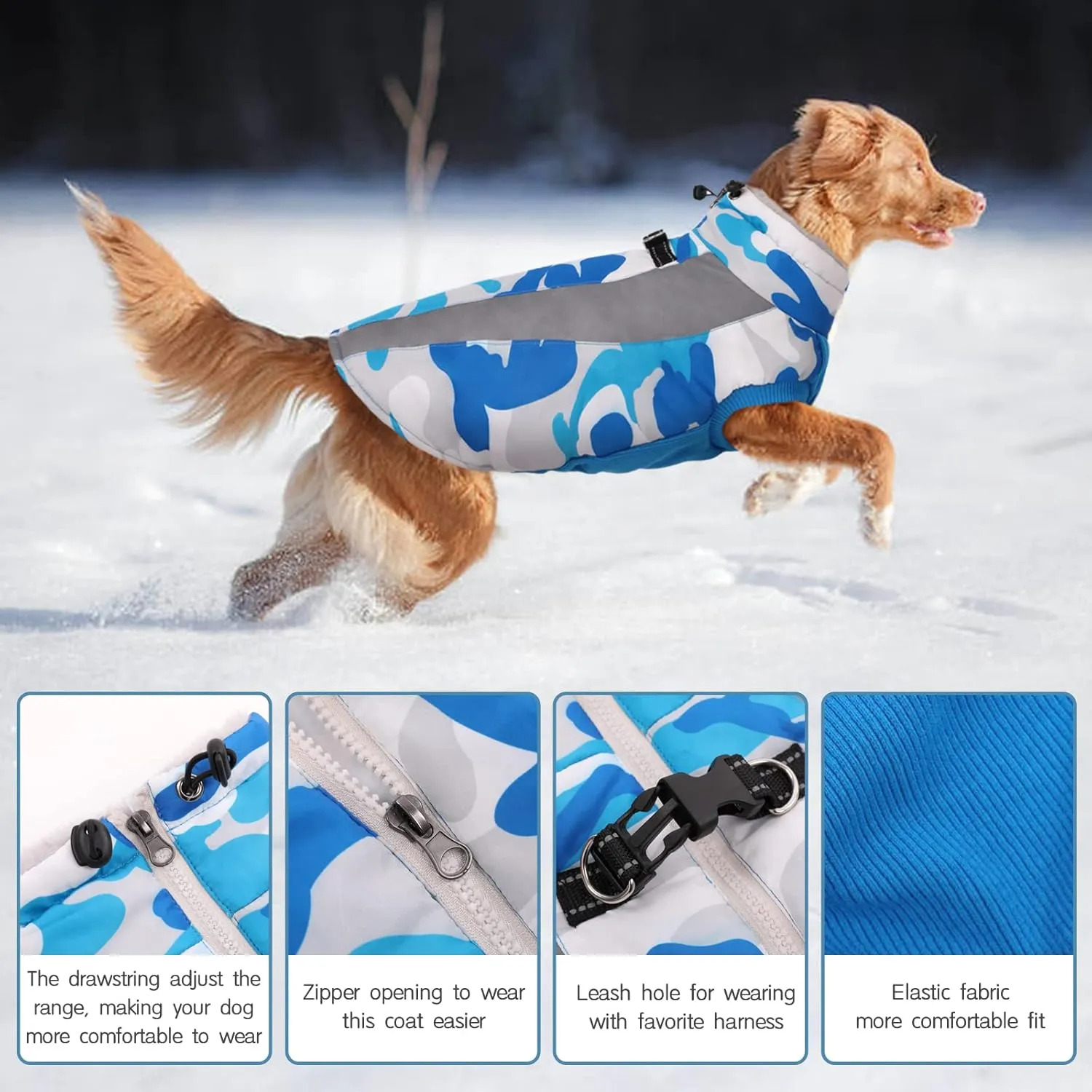 FUAMEY Warm Dog Jacket,Dog Winter Coat with Harness Dog Cold Weather Coats Warm Pet Vest Dog Winter Clothes Waterproof Windproof Dog Snow Jacket with Back Zipper for Small Medium Large Dogs Blue M