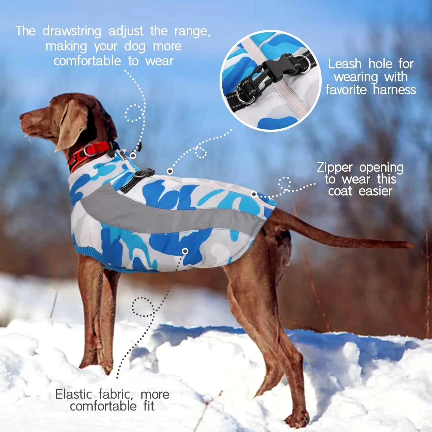 FUAMEY Warm Dog Jacket,Dog Winter Coat with Harness Dog Cold Weather Coats Warm Pet Vest Dog Winter Clothes Waterproof Windproof Dog Snow Jacket with Back Zipper for Small Medium Large Dogs Blue M