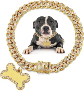 Hillban Dog Chain Golden Diamond Collar with Pet ID Jewelry Tags Rhinestones Stainless Steel Metal Link Collar Walking Chain Necklace for Puppy Boys Girls Small Dogs(14 Inch)
