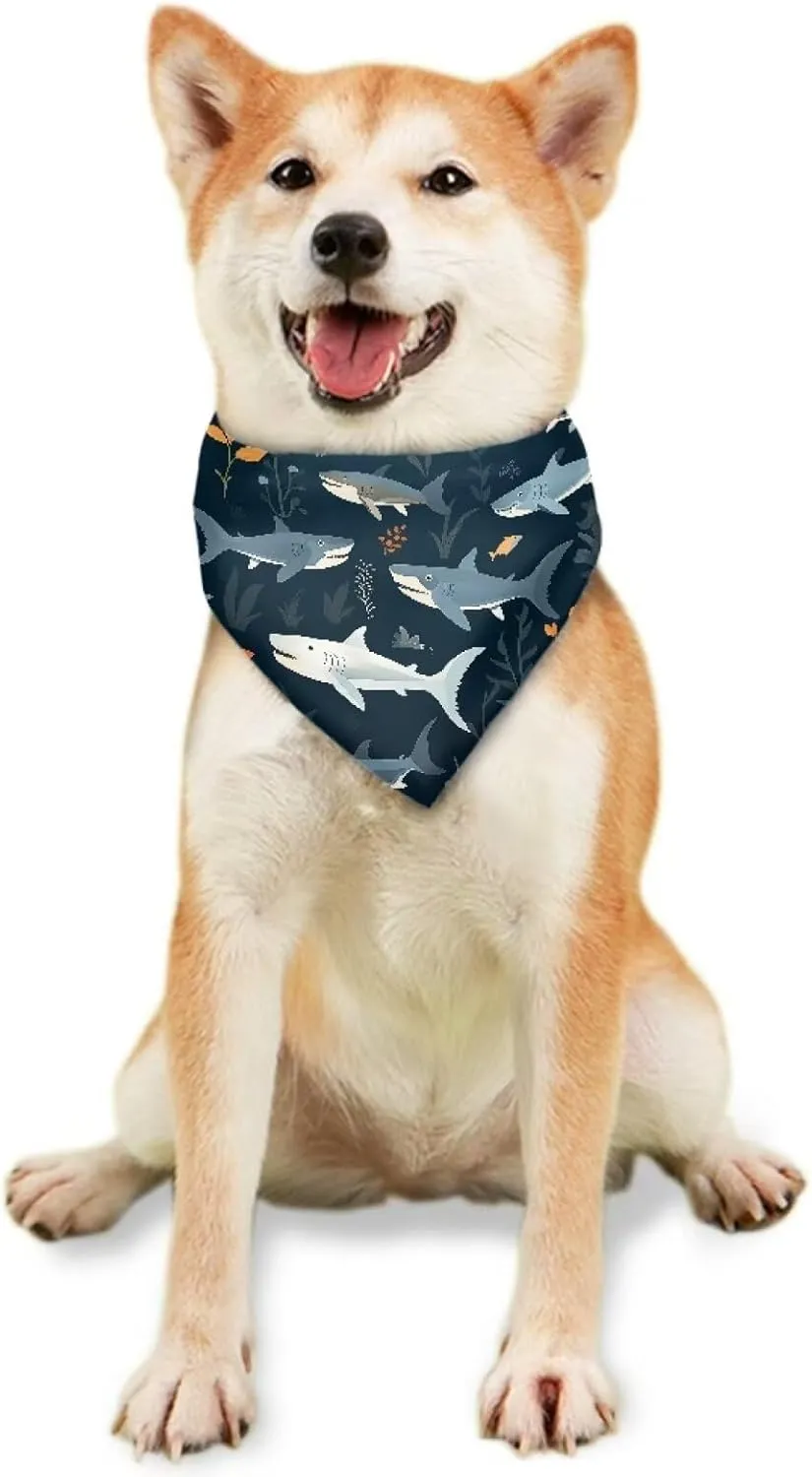 Howilath Cartoon Shark Floral Print Dog Kerchief, Washable Polyester Dog Bandana Scarf Accessory