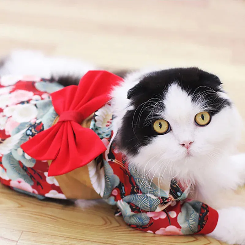 Japanese Style Cat and Dog Clothes - Crane Patterned Pet Costumes - Cat Skirt Pet Dog Japanese Pet Costoms Style Cat Clothes Crane Net Red Autumn Winter Corgi Teddy Pappy Clothes