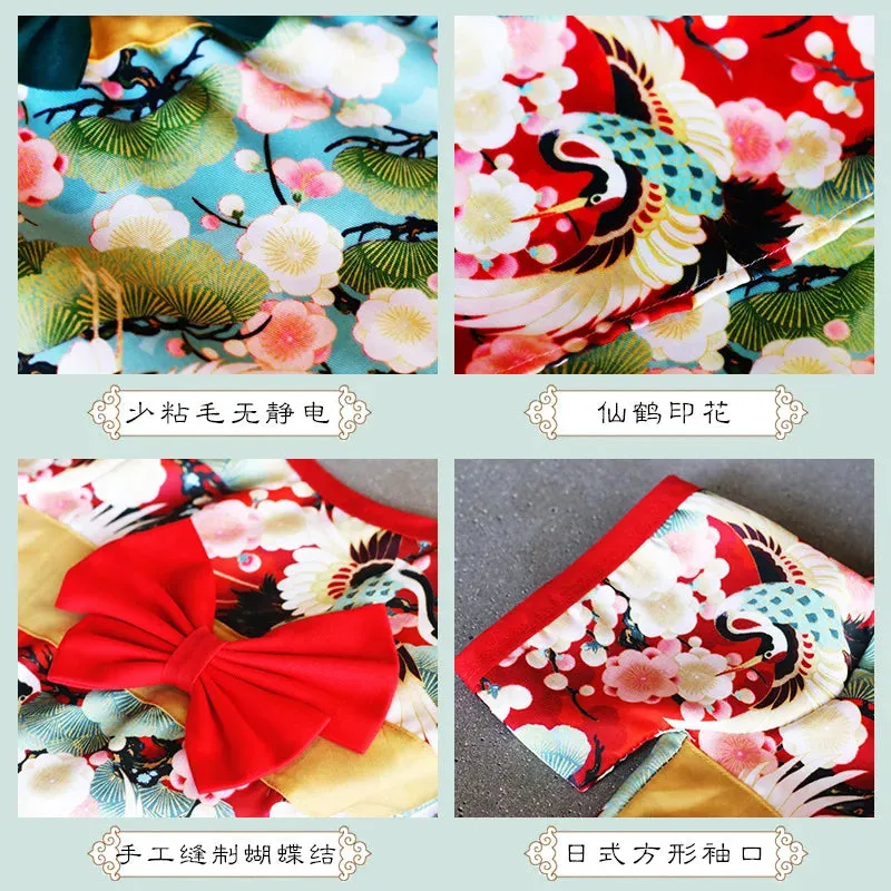 Japanese Style Cat and Dog Clothes - Crane Patterned Pet Costumes - Cat Skirt Pet Dog Japanese Pet Costoms Style Cat Clothes Crane Net Red Autumn Winter Corgi Teddy Pappy Clothes