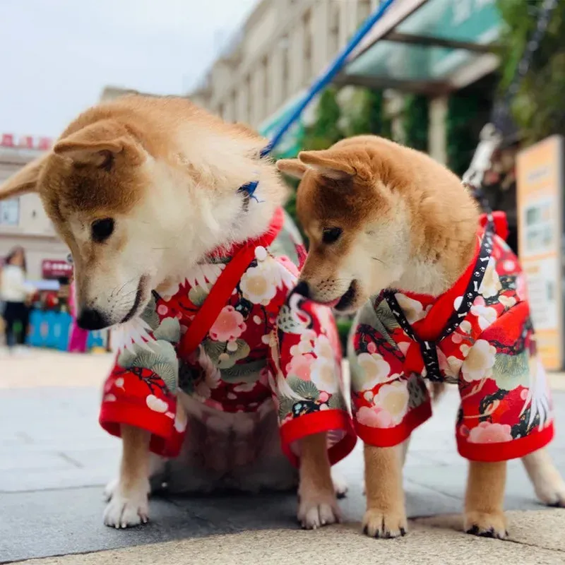 Japanese Style Cat and Dog Clothes - Crane Patterned Pet Costumes - Cat Skirt Pet Dog Japanese Pet Costoms Style Cat Clothes Crane Net Red Autumn Winter Corgi Teddy Pappy Clothes