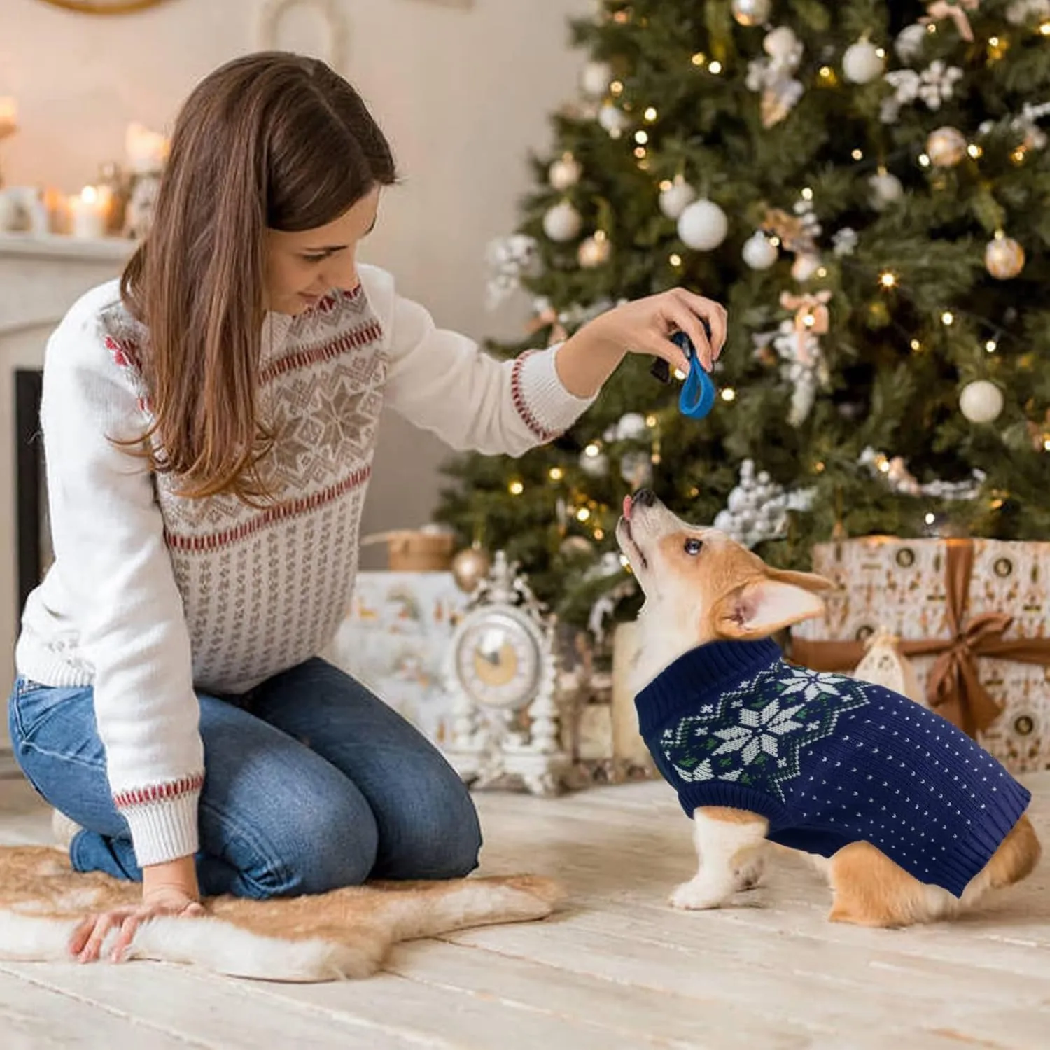 Kuoser Dog & Cat Sweater - Holiday Christmas Snowflake Pet Warm Knitwear, Soft Puppy Clothing, Turtleneck Cold Weather Outfit for Small & Medium Dogs & Cats