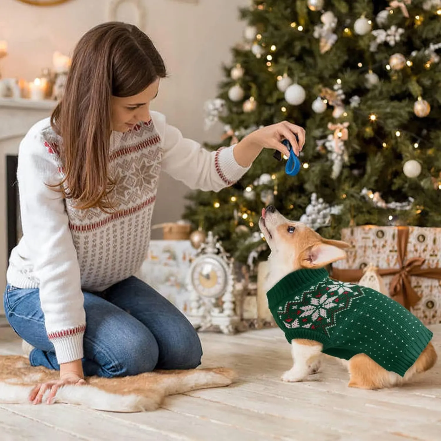 Kuoser Dog Cat Sweater - Holiday Christmas Snowflake Pet Warm Knitwear, Soft Puppy Clothing Winter Coat, Turtleneck Cold Weather Outfit Pullover for Small Medium Dogs Cats