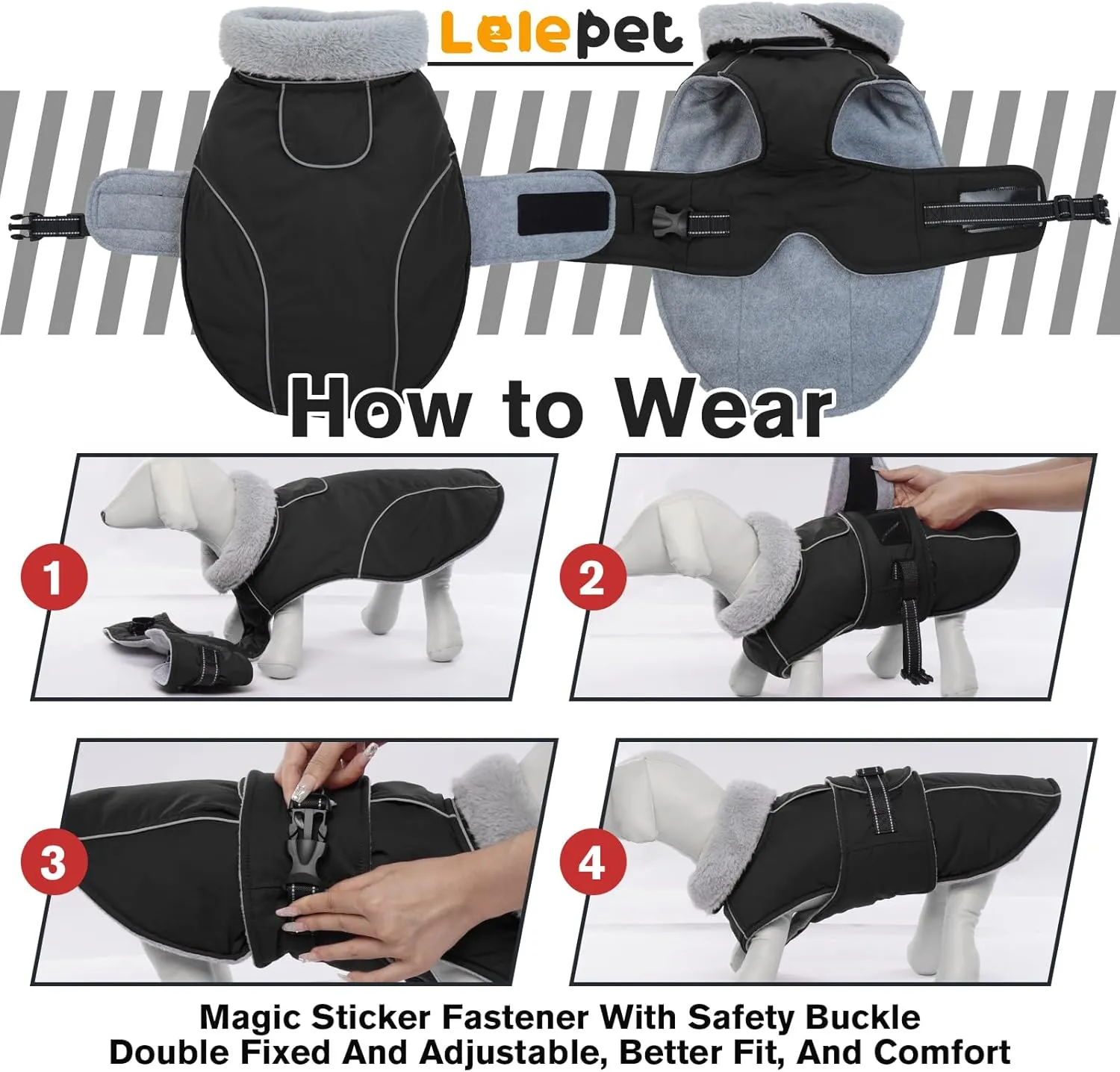 Lelepet Warm Dog Coat Reflective Dog Fleece Vest Waterproof Jacket Windproof Winter Cold Weather Coats with Adjustable Buckle Jackets for Large Dogs, Black, L