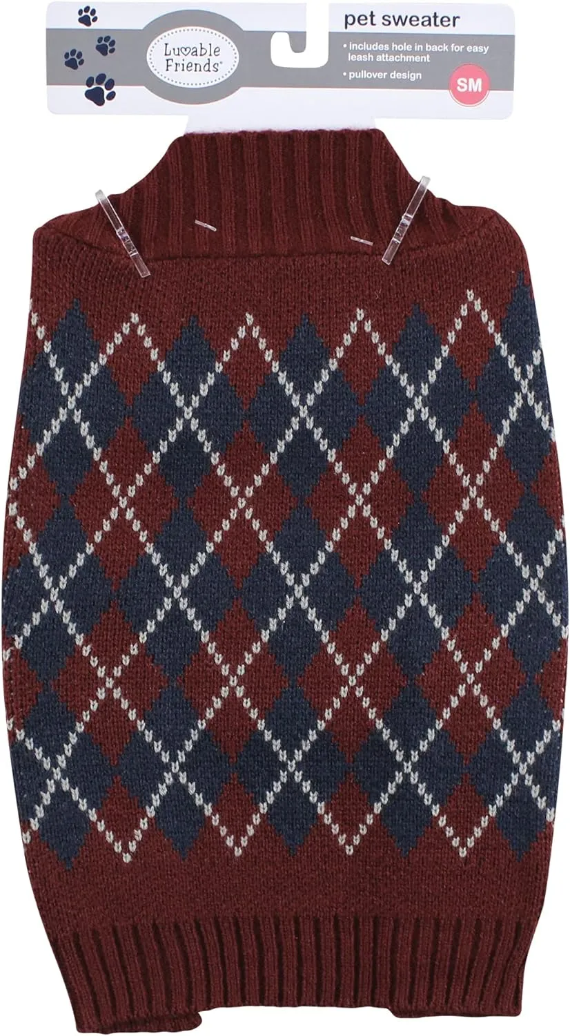 Luvable Friends Dogs and Cats Knit Pet Sweater, Burgundy Argyle, X-Large
