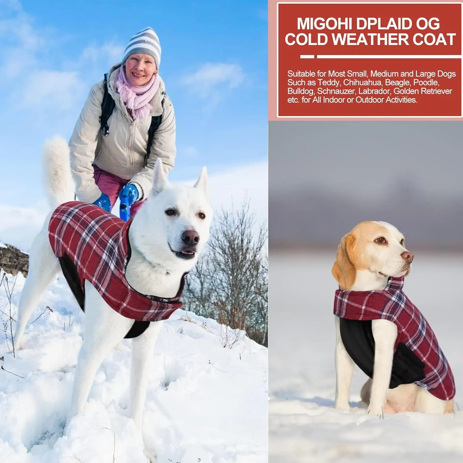 MIGOHI Dog Jackets for Winter, Windproof Waterproof Reversible British Style Plaid Warm Coat for Small Medium Large Dogs, Large