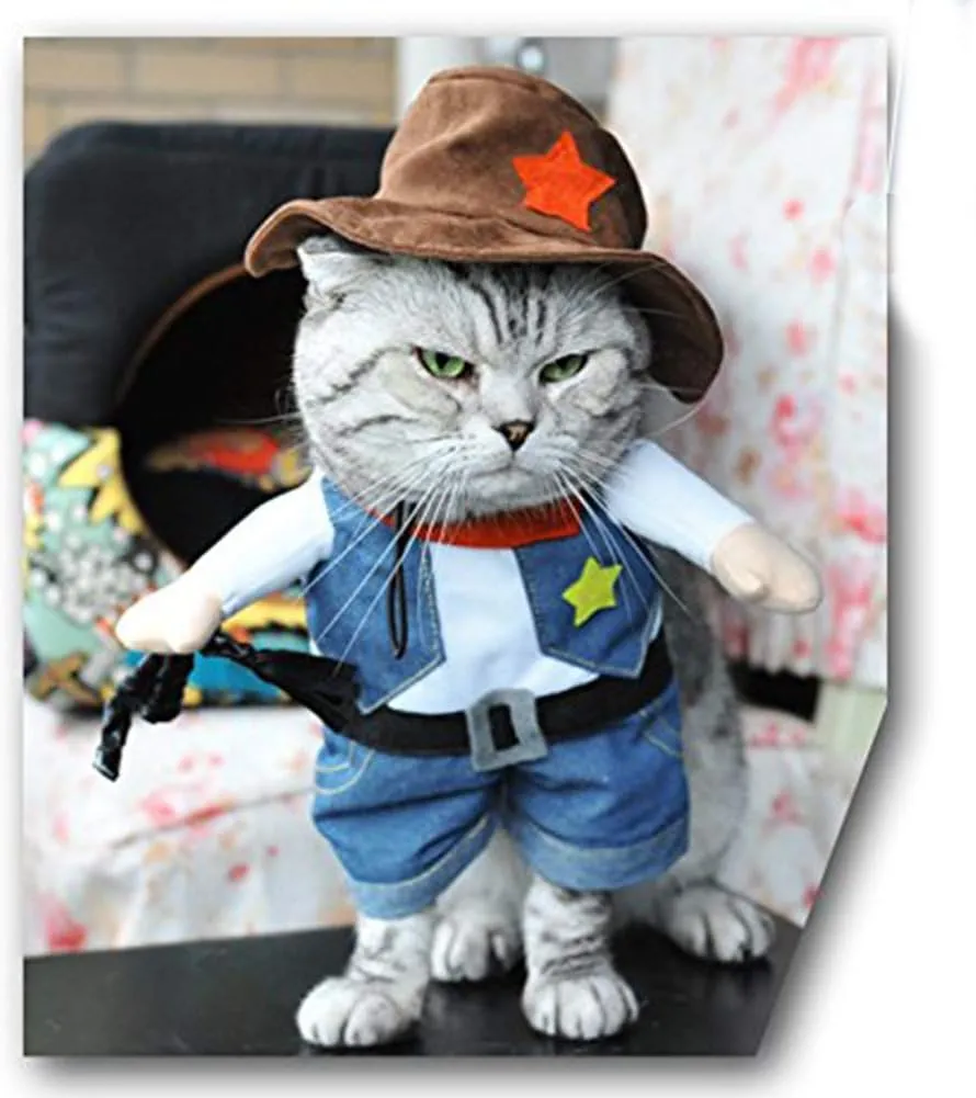 NACOCO Cowboy Dog Costume with Hat - Blue Cat & Small Dog Halloween Costume (Small)