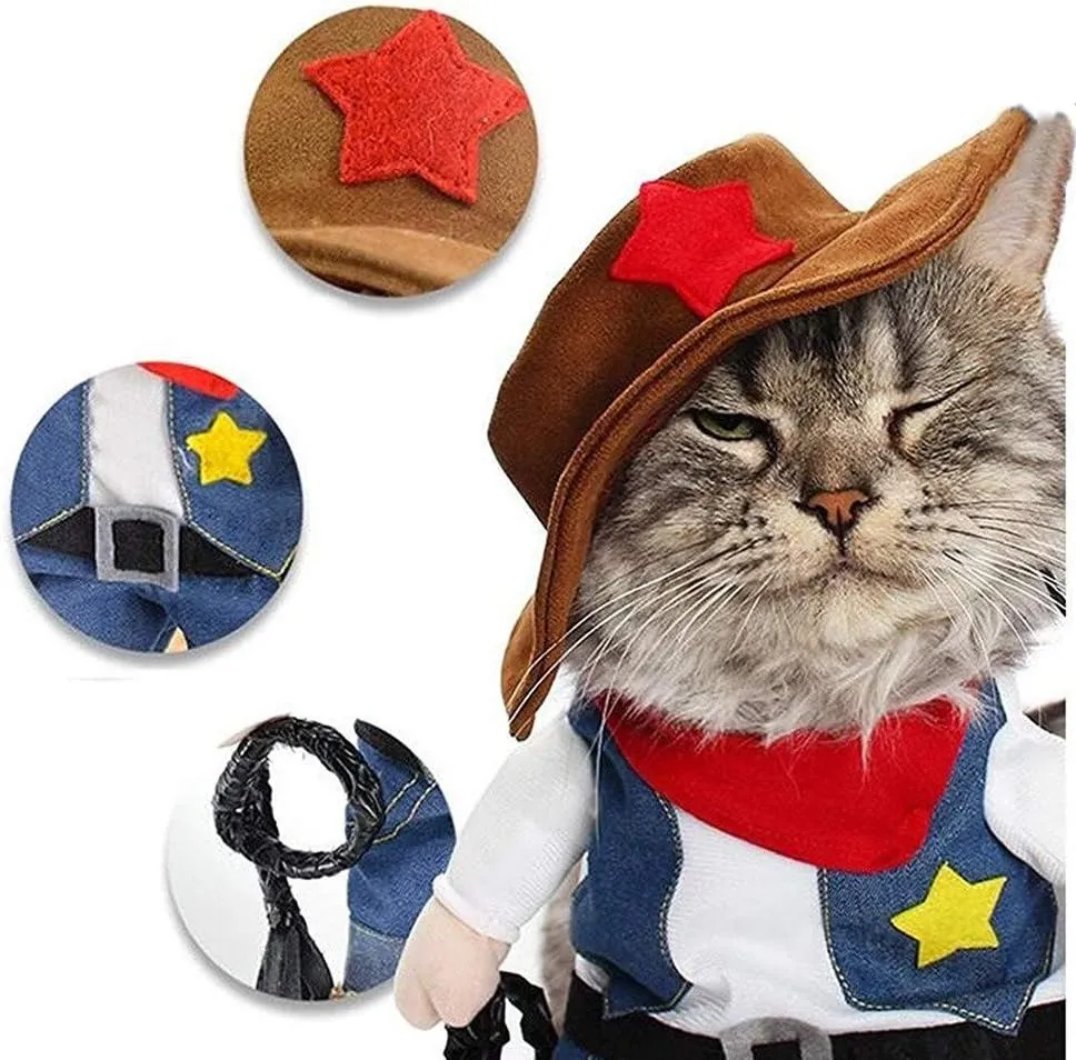 NACOCO Cowboy Dog Costume with Hat - Blue Cat & Small Dog Halloween Costume (Small)