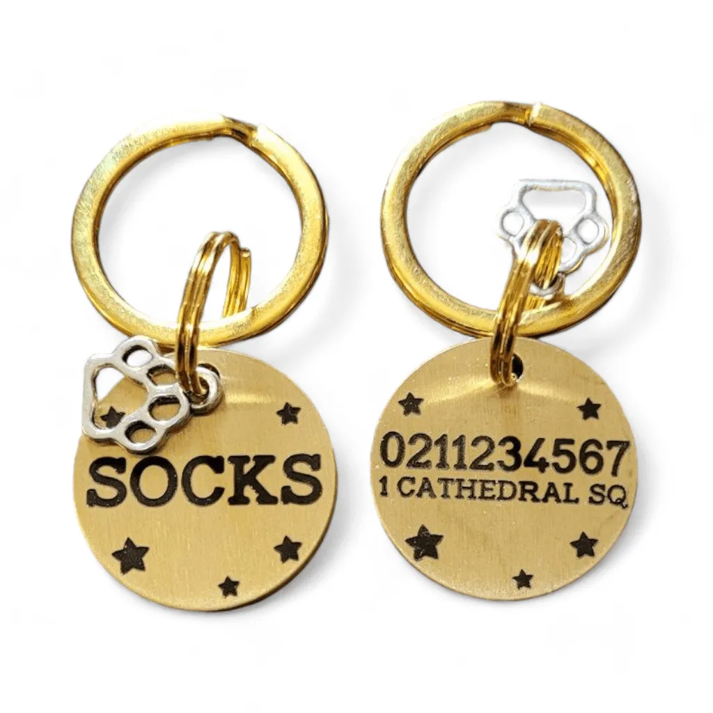 Name Front & 1 Number Address Back Bespoke Brass Cat & Dog ID Pet Tag