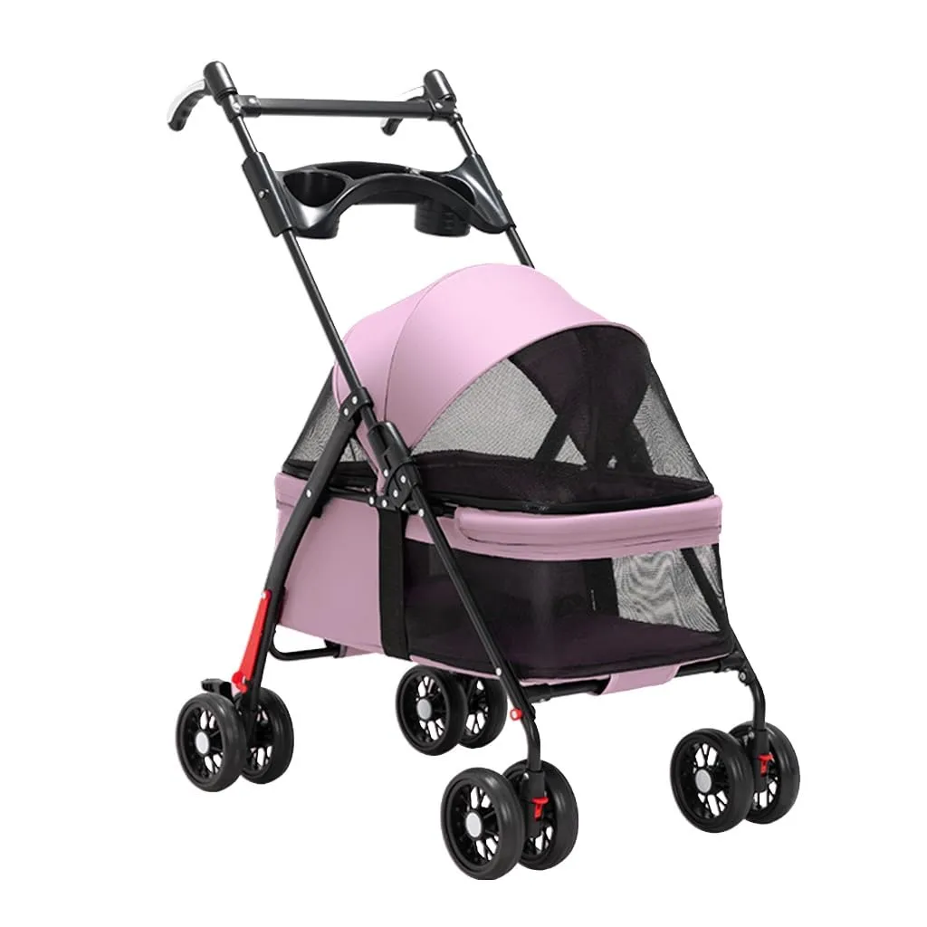 Pet Cat Dog Stroller Carriage with Cup Holder Tray, Travel Carrier Pet Dog Strollers for Small Dogs, Pet Stroller Pushchair Dog Cat Pram Foldable Cart, Adjustable Handle (Color : Pink)
