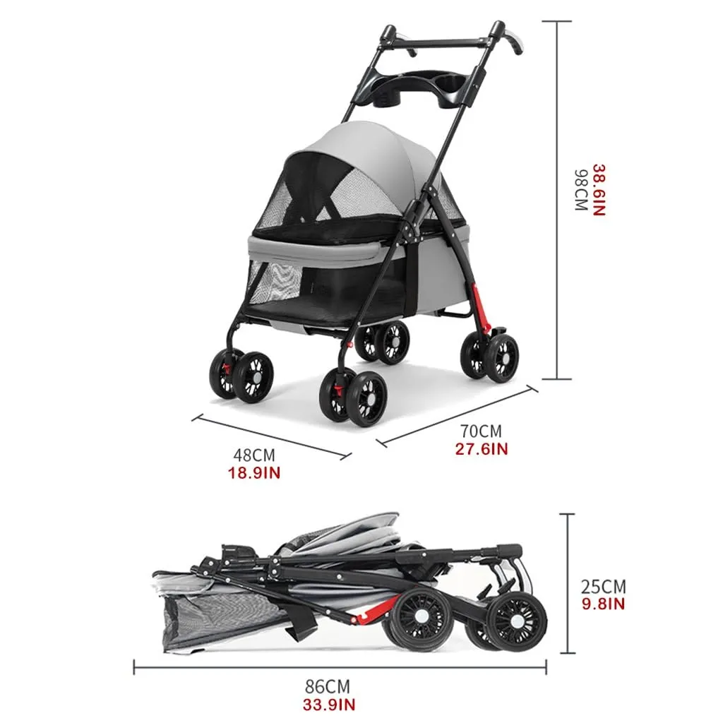 Pet Cat Dog Stroller Carriage with Cup Holder Tray, Travel Carrier Pet Dog Strollers for Small Dogs, Pet Stroller Pushchair Dog Cat Pram Foldable Cart, Adjustable Handle (Color : Pink)