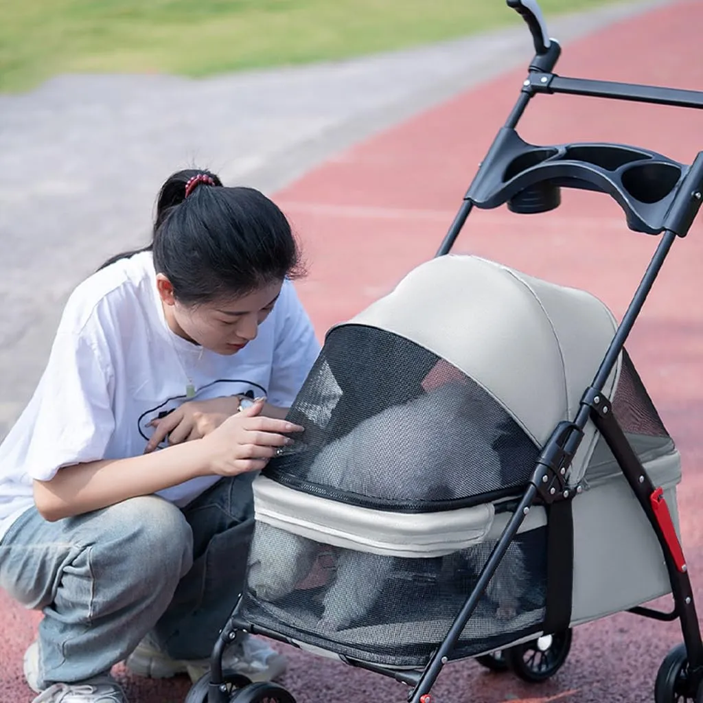 Pet Cat Dog Stroller Carriage with Cup Holder Tray, Travel Carrier Pet Dog Strollers for Small Dogs, Pet Stroller Pushchair Dog Cat Pram Foldable Cart, Adjustable Handle (Color : Pink)