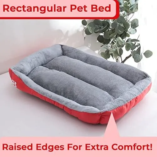 Petvit Dog & Cat Bed|Super Soft Plush Top Pet Bed|Oxford Cloth Polyester Filling|Machine Washable Dog Bed|Rectangular Cat Bed with Rise-Edge Pillow|QY036R-L|Red