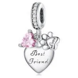 "Best Friend" engraved Dog Paw Heart Dangle Charm