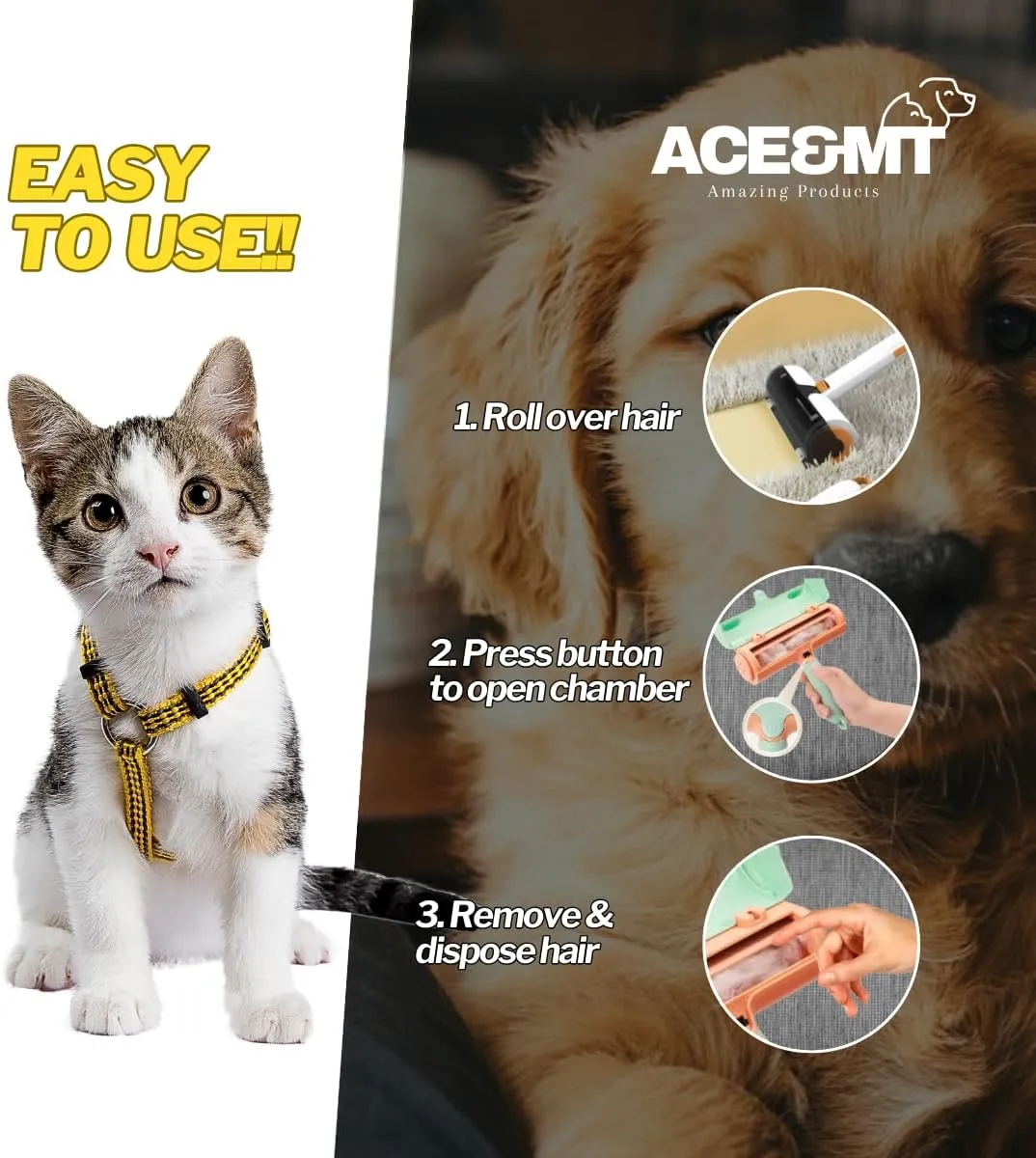 Roller Pet Hair Remover and Reusable Lint Roller - Cat and Dog Hair Remover for Furniture, Couch, Carpet, Clothing, and Bedding - Portable, Multi-Surface Fur Removal Tool (Racing Black)