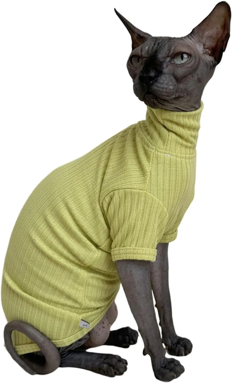 Sphynx Cats Shirt Cat Turtleneck Cotton Sweater Pullover Kitten T-Shirts with Sleeves Cat Pajamas Jumpsuit for Sphynx Cornish Rex, Devon Rex, Peterbald (Large (Pack of 1), Green Yellow)