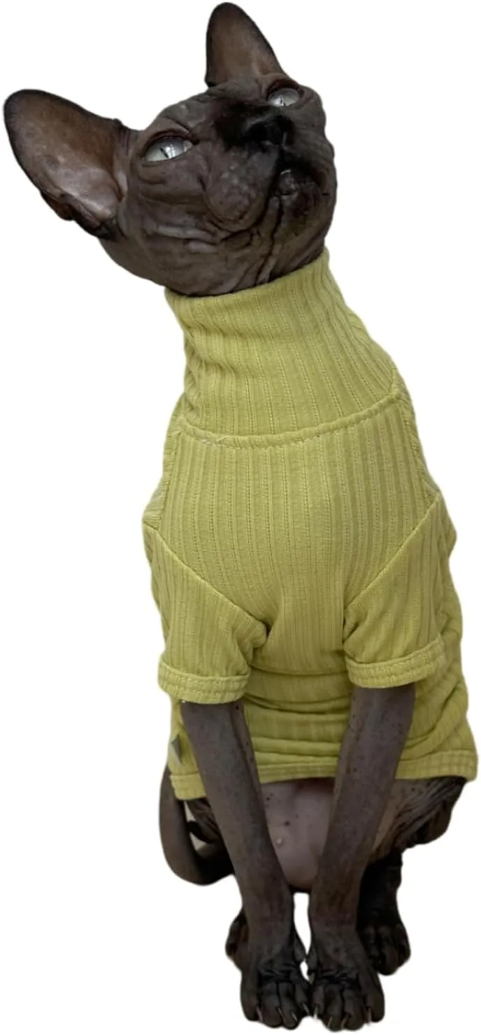 Sphynx Cats Shirt Cat Turtleneck Cotton Sweater Pullover Kitten T-Shirts with Sleeves Cat Pajamas Jumpsuit for Sphynx Cornish Rex, Devon Rex, Peterbald (Large (Pack of 1), Green Yellow)