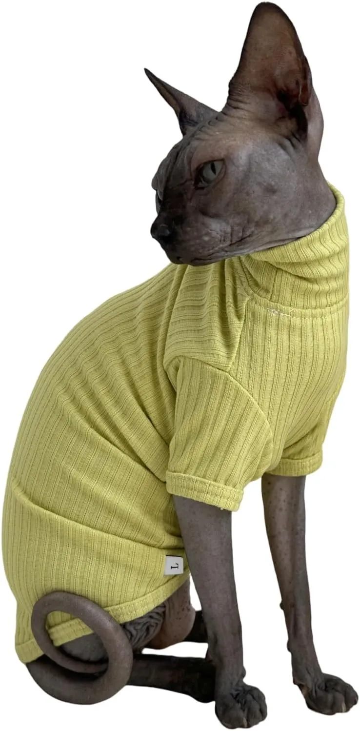 Sphynx Cats Shirt Cat Turtleneck Cotton Sweater Pullover Kitten T-Shirts with Sleeves Cat Pajamas Jumpsuit for Sphynx Cornish Rex, Devon Rex, Peterbald (Large (Pack of 1), Green Yellow)