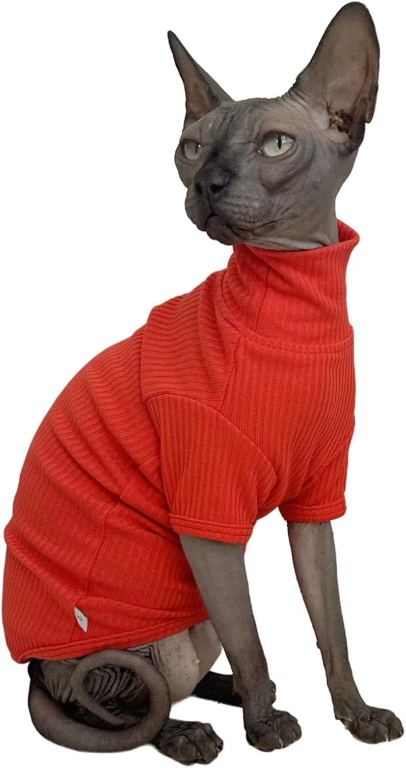 Sphynx Cats Shirt Cat Turtleneck Cotton Sweater Pullover Kitten T-Shirts with Sleeves Cat Pajamas Jumpsuit for Sphynx Cornish Rex, Devon Rex, Peterbald (Sunset, Large (Pack of 1))