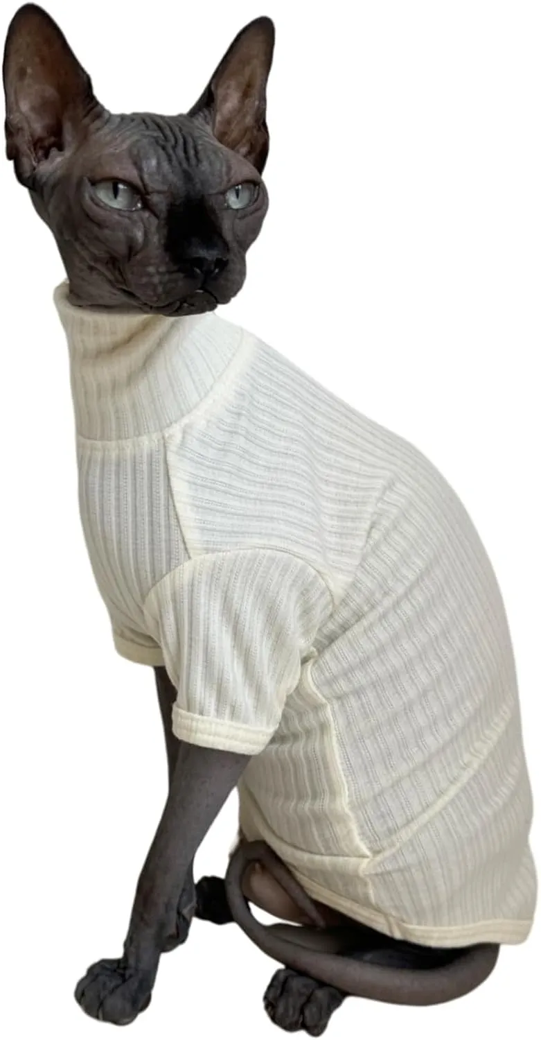 Sphynx Cats Shirt Cat Turtleneck Cotton Sweater Pullover Kitten T-Shirts with Sleeves Cat Pajamas Jumpsuit for Sphynx Cornish Rex, Devon Rex, Peterbald (White, Large (Pack of 1))