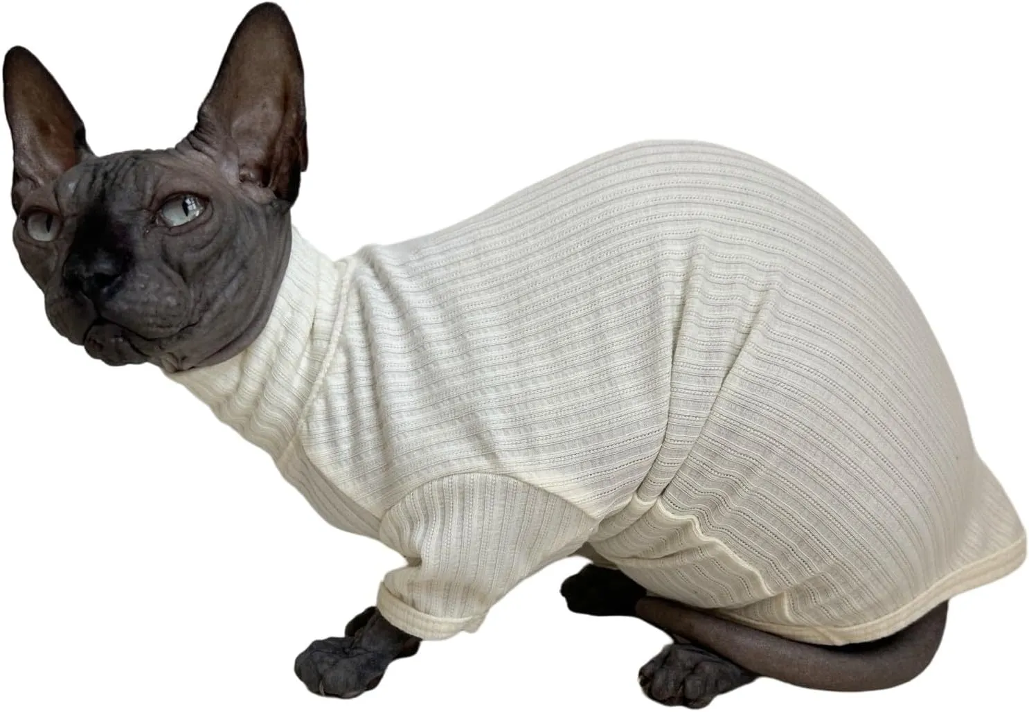 Sphynx Cats Shirt Cat Turtleneck Cotton Sweater Pullover Kitten T-Shirts with Sleeves Cat Pajamas Jumpsuit for Sphynx Cornish Rex, Devon Rex, Peterbald (White, Large (Pack of 1))