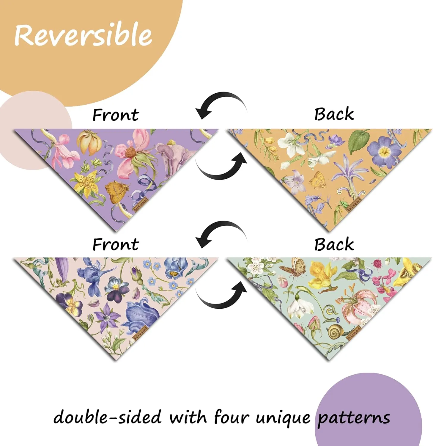 Summer Dog Bandanas 2 Pack, 4 Pattern Reversible Spring Flower Dog Bandana, Adjustable, Washable, Triangle Scarf for Small to Medium Breed Dogs, boy and Girl (Small)