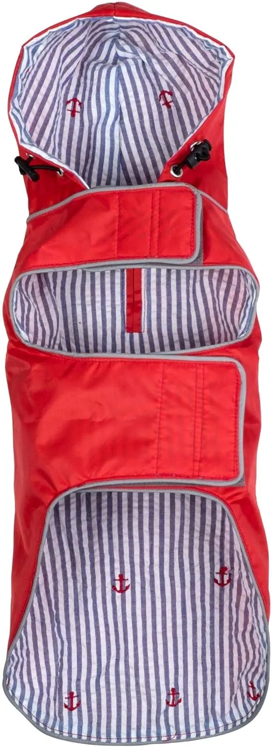 The Worthy Dog Lightweight Water-Resistant Seattle Slicker Dog Rain Jacket, Adjustable Rain Jacket with Harness Hole, Red - XL