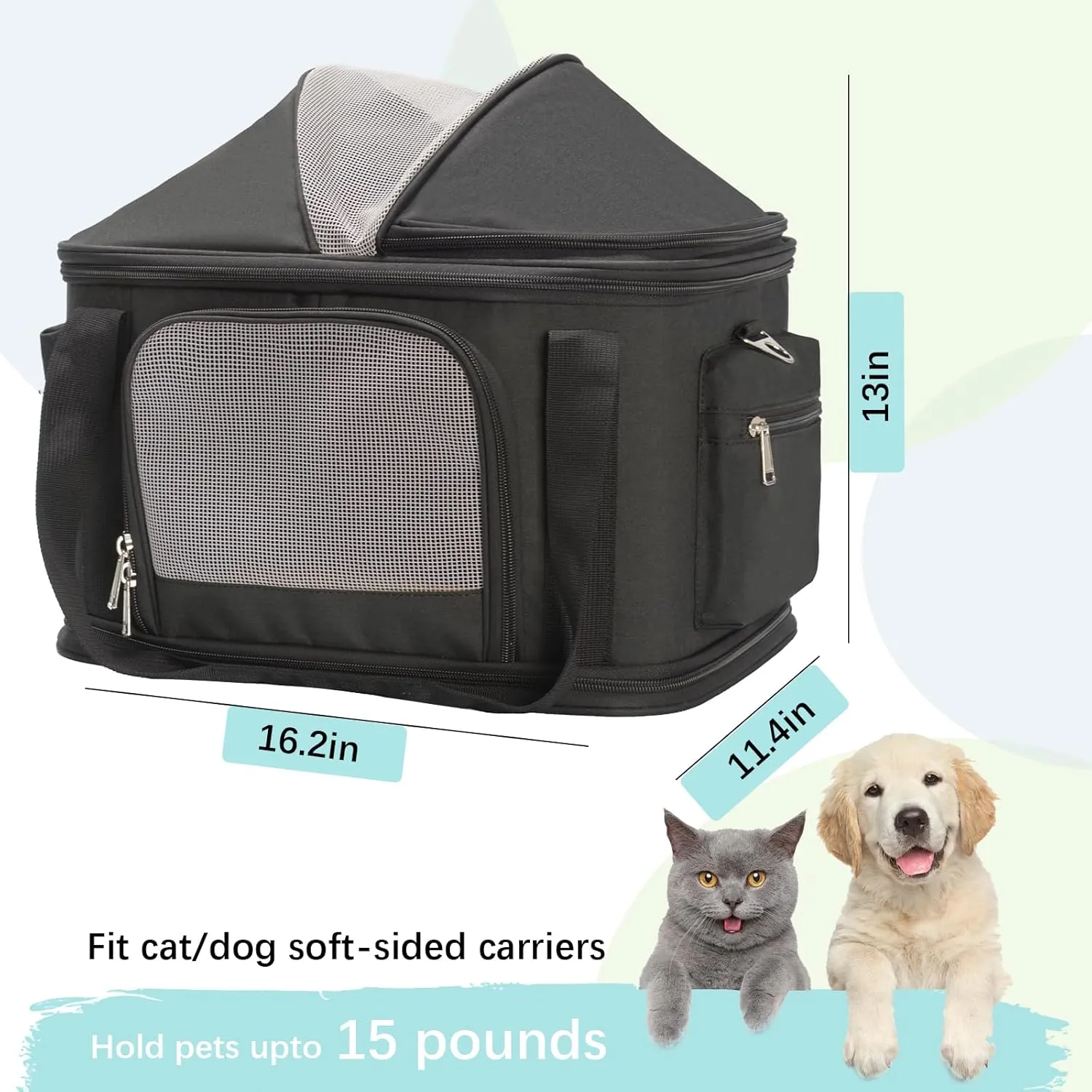 Top-Expandable Pet Dog Cat Carrier, Pet Bag for Small Medium Dogs Cats, Collapsible Ventilated Airline Approved Travel Soft-Sided Pet Puppy Carriers, Up to 15lbs (Black, 16.2" x 11.4" x 13")