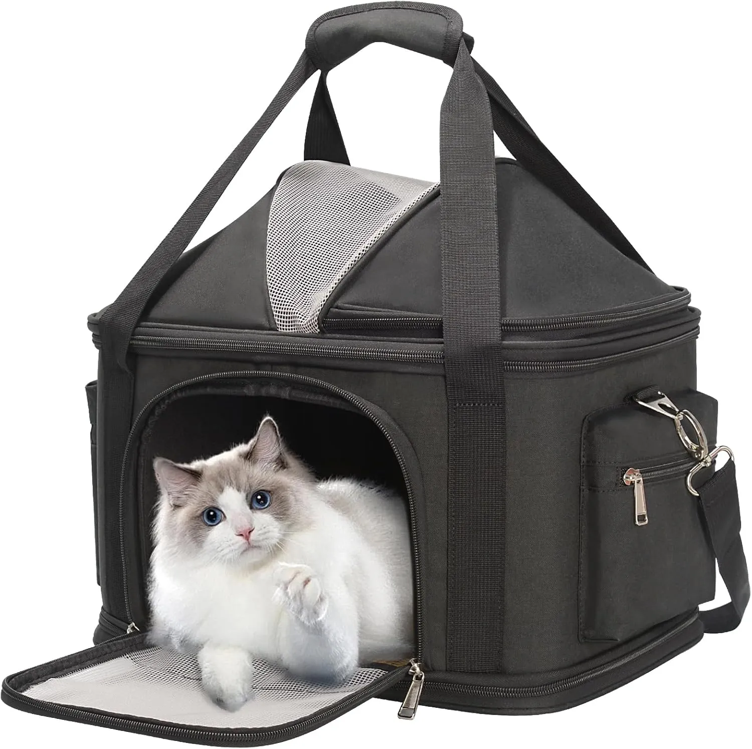 Top-Expandable Pet Dog Cat Carrier, Pet Bag for Small Medium Dogs Cats, Collapsible Ventilated Airline Approved Travel Soft-Sided Pet Puppy Carriers, Up to 15lbs (Black, 16.2" x 11.4" x 13")