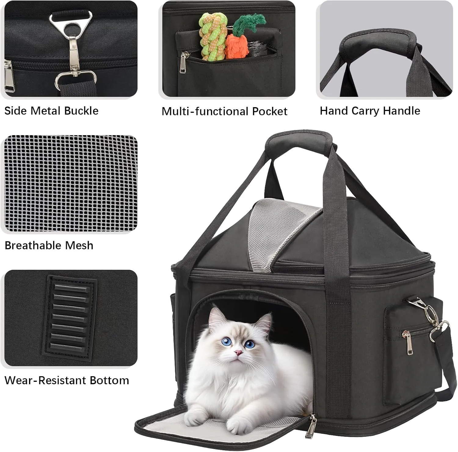 Top-Expandable Pet Dog Cat Carrier, Pet Bag for Small Medium Dogs Cats, Collapsible Ventilated Airline Approved Travel Soft-Sided Pet Puppy Carriers, Up to 15lbs (Black, 16.2" x 11.4" x 13")