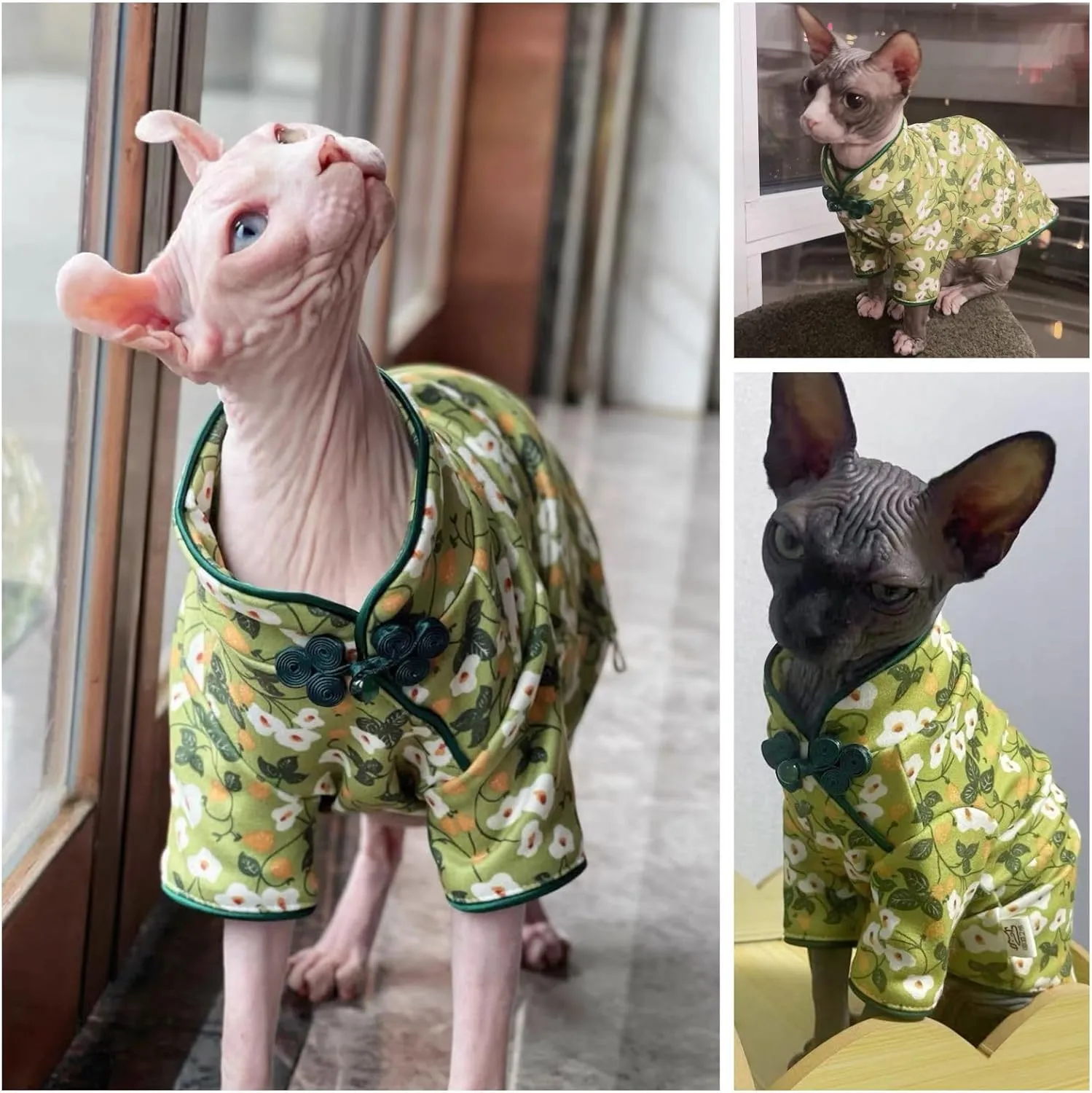 Traditional Culture Sphynx Hairless Cat Cotton T-Shirts Cat Clothes Pet Sweater Cat Vest Pet Clothes Kitten Shirts Cats & Small Dogs Apparel (White Petunia Chi-Pao, L (7.5-8.8 lbs))