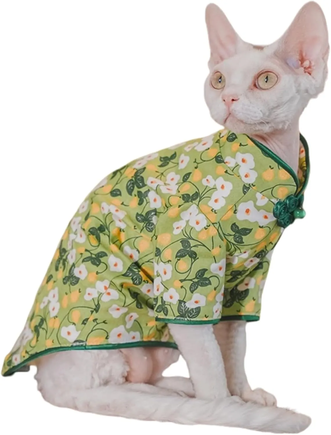 Traditional Culture Sphynx Hairless Cat Cotton T-Shirts Cat Clothes Pet Sweater Cat Vest Pet Clothes Kitten Shirts Cats & Small Dogs Apparel (White Petunia Chi-Pao, L (7.5-8.8 lbs))