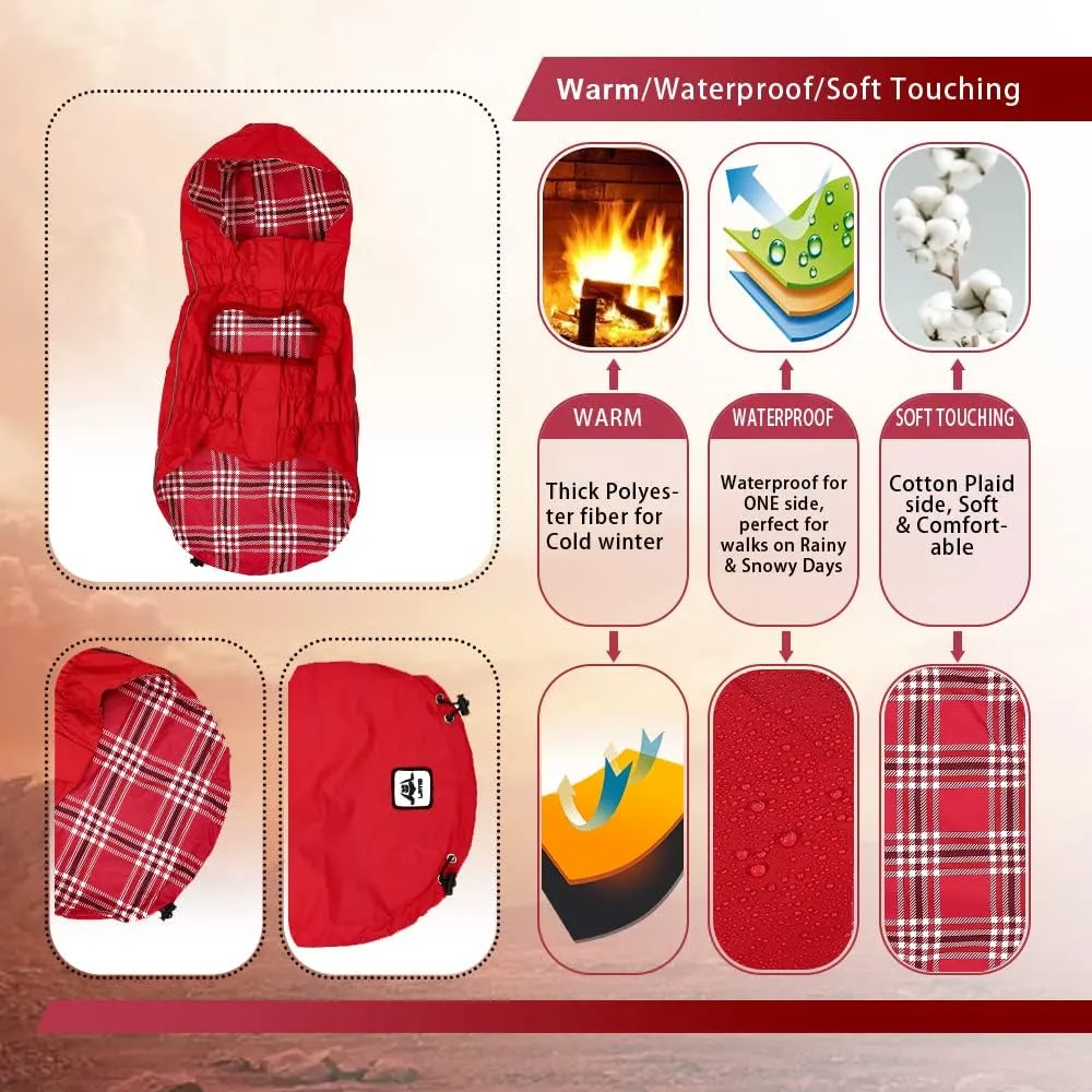 Waterproof Dog Raincoat, Reflective Dog Zip Raincoat, Reversible Plaid & Solid Color, Sizes XS to XXXL, Red