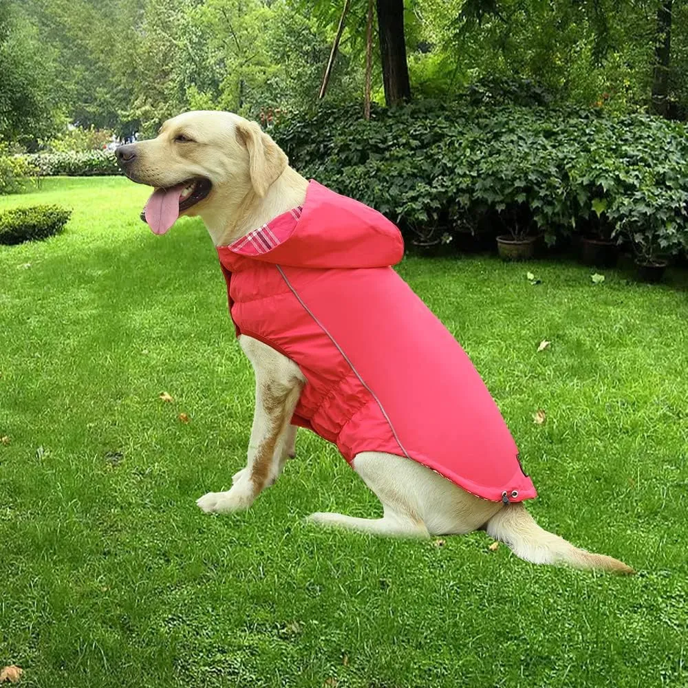 Waterproof Dog Raincoat, Reflective Dog Zip Raincoat, Reversible Plaid & Solid Color, Sizes XS to XXXL, Red