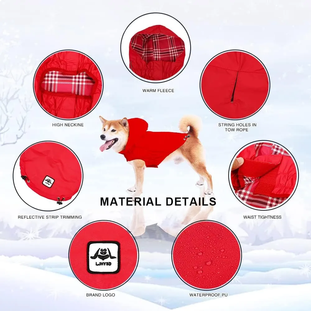 Waterproof Dog Raincoat, Reflective Dog Zip Raincoat, Reversible Plaid & Solid Color, Sizes XS to XXXL, Red