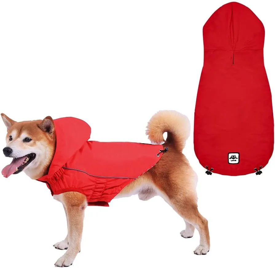 Waterproof Dog Raincoat, Reflective Dog Zip Raincoat, Reversible Plaid & Solid Color, Sizes XS to XXXL, Red