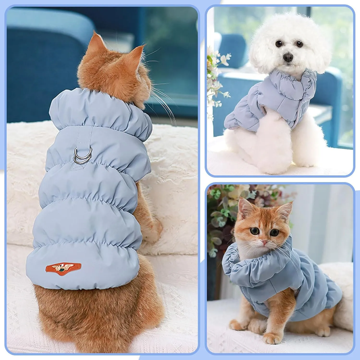 Winter Warm Dog Jacket for Small Medium Dogs Cats Cold Weather Coats with Harness Paded Dogs Fleece Vest Waterproof Windproof Dog Snow Jacket Pet Puppy Clothes (Light Blue,S)