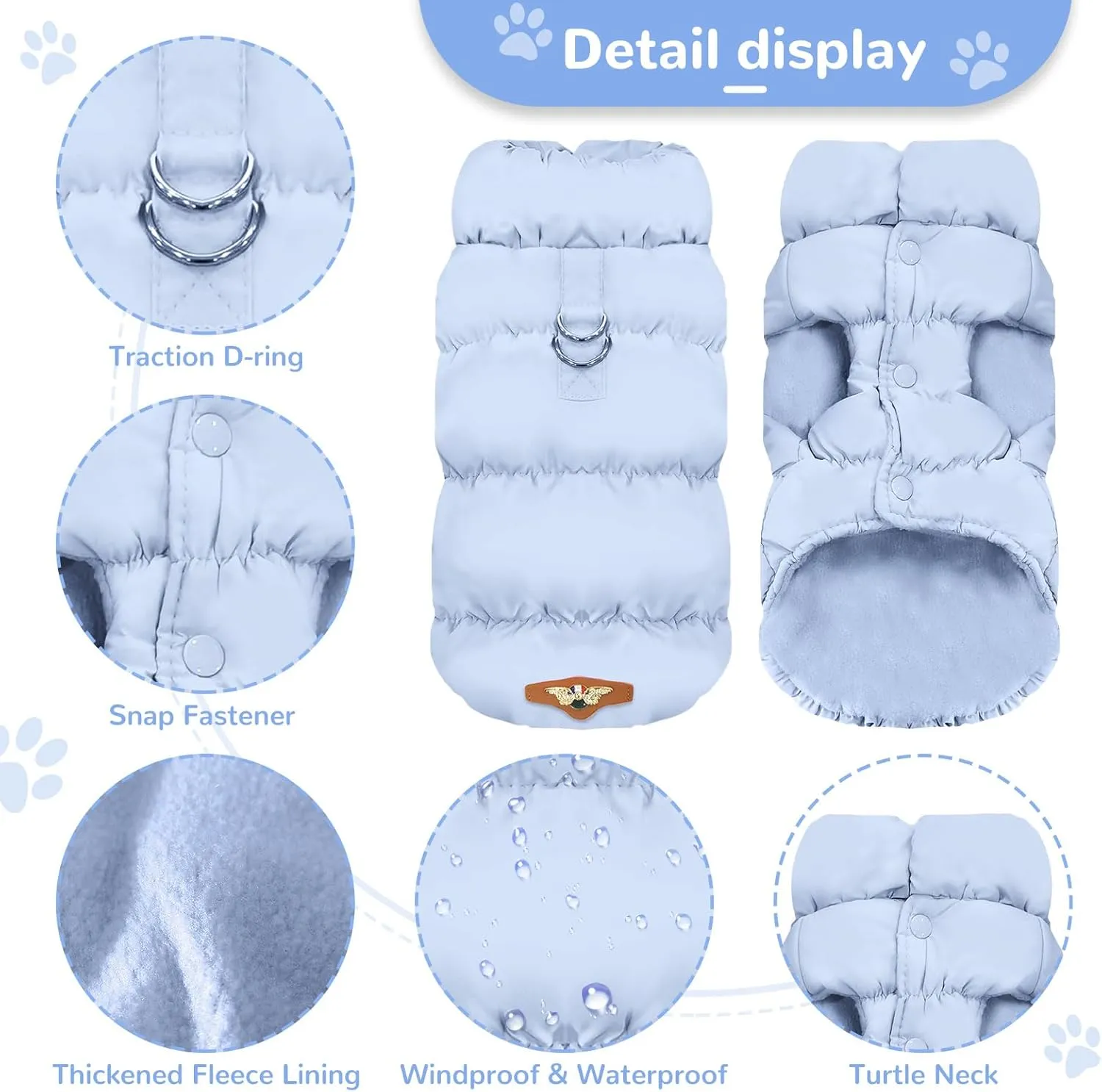 Winter Warm Dog Jacket for Small Medium Dogs Cats Cold Weather Coats with Harness Paded Dogs Fleece Vest Waterproof Windproof Dog Snow Jacket Pet Puppy Clothes (Light Blue,S)