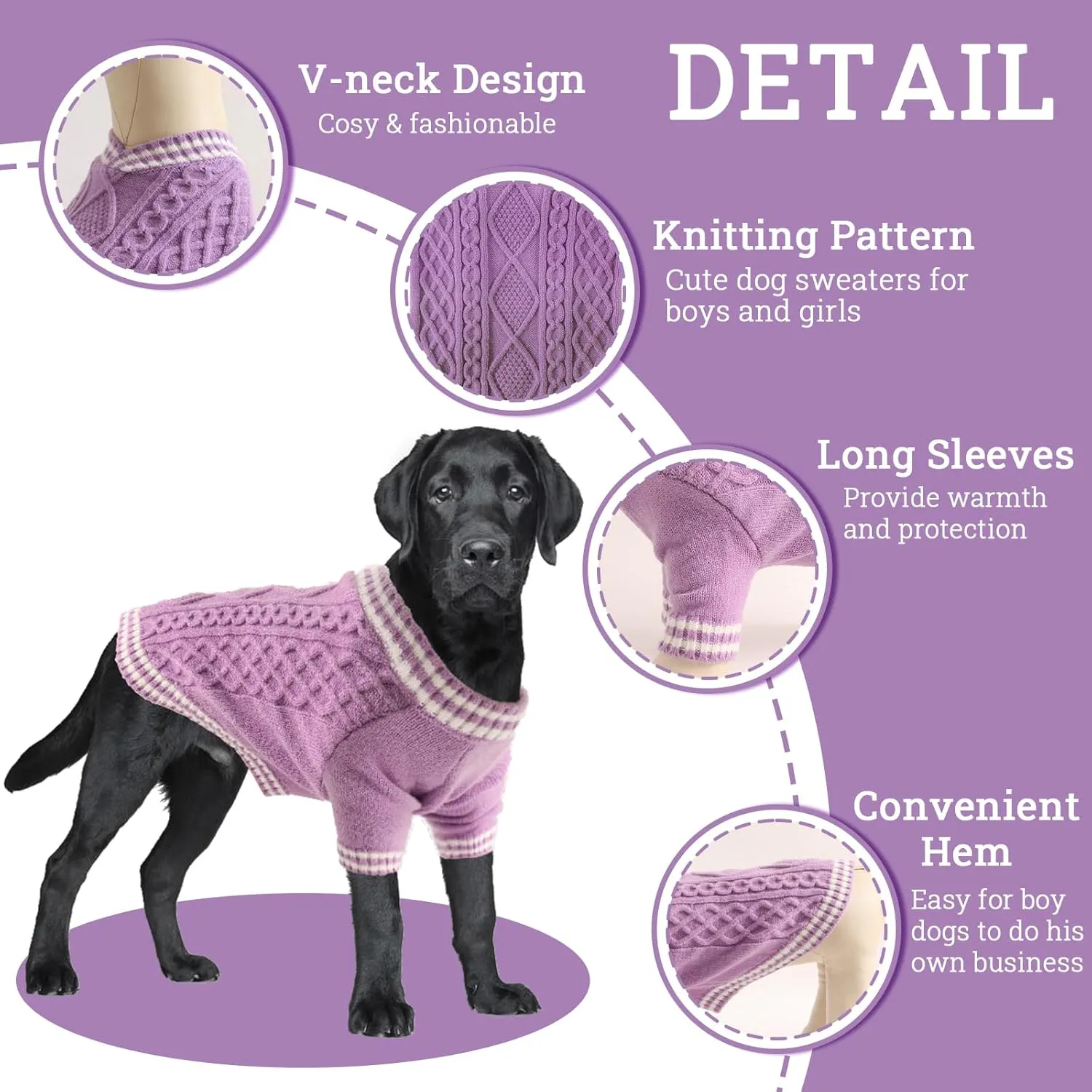 XL Dog Sweater for Extra Large Dogs - Fall Winter V-Neck Knit Pet Apparel for Pitbull, Boston Terrier and Corgi, Purple, XLarge