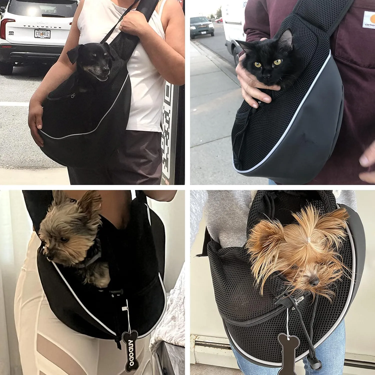 YUDODO Pet Sling Carrier for Small Dogs & Cats  Hands-Free Puppy Carrier with Safety Hook, Large Zipper Pocket, Soft Breathable Mesh, Adjustable Strap & Reflective Strip (Black 2.0 L)