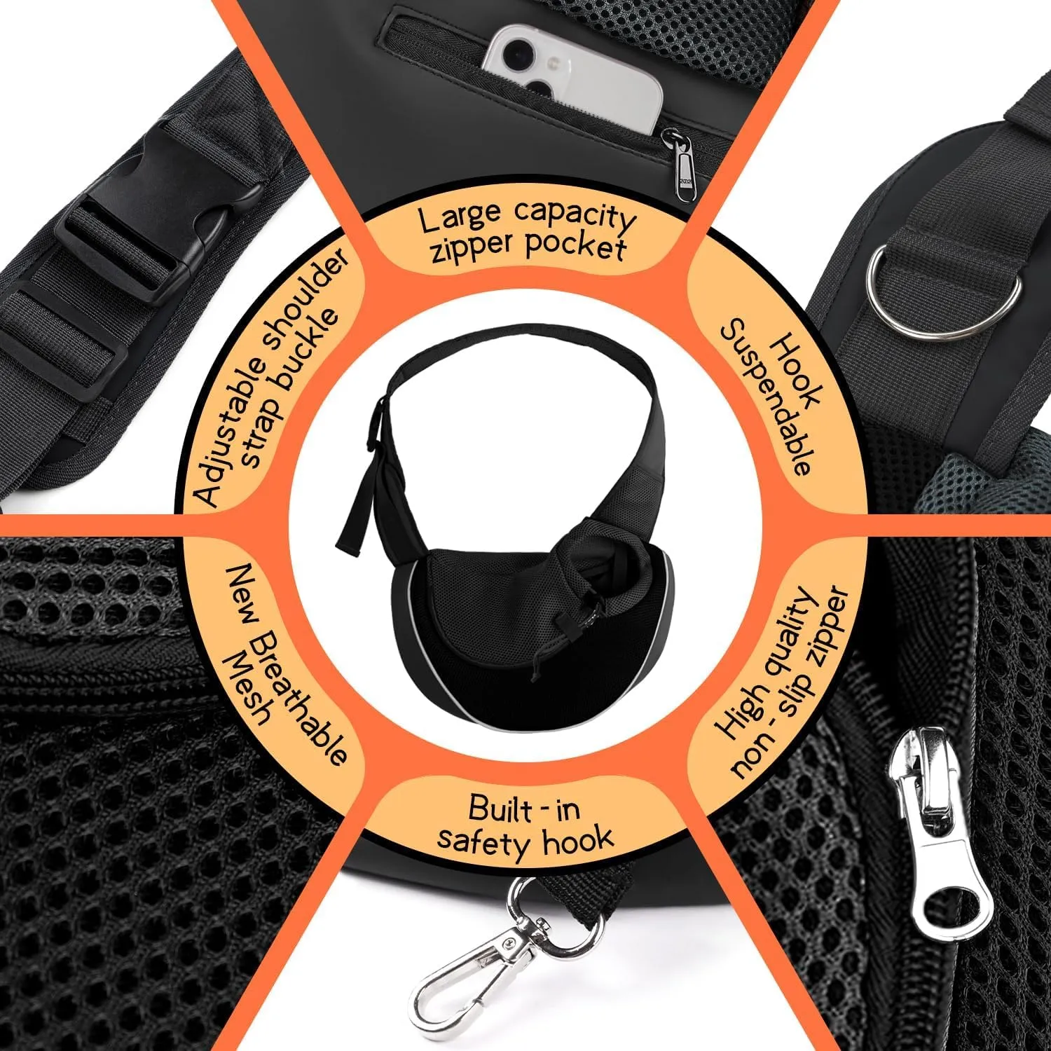 YUDODO Pet Sling Carrier for Small Dogs & Cats  Hands-Free Puppy Carrier with Safety Hook, Large Zipper Pocket, Soft Breathable Mesh, Adjustable Strap & Reflective Strip (Black 2.0 L)